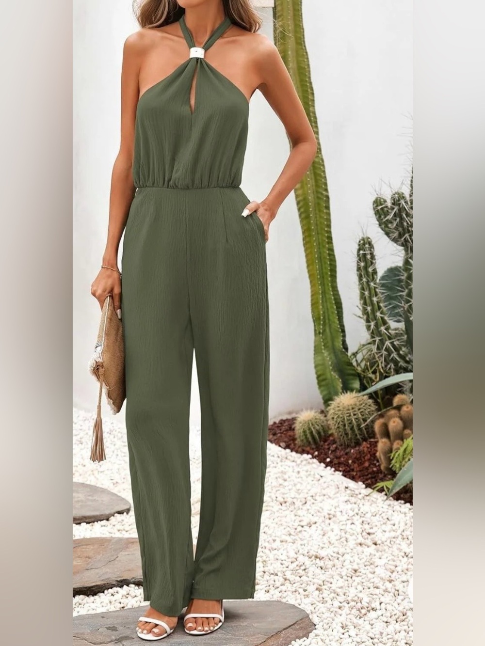 Olive Green Halter Jumpsuit Size Large NWT Wide Leg Keyhole Backless Romper - Picture 4 of 8